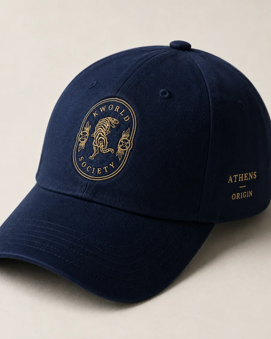 Navy cap with gold embroidered KWorld Society crest and Athens — Origin lettering
