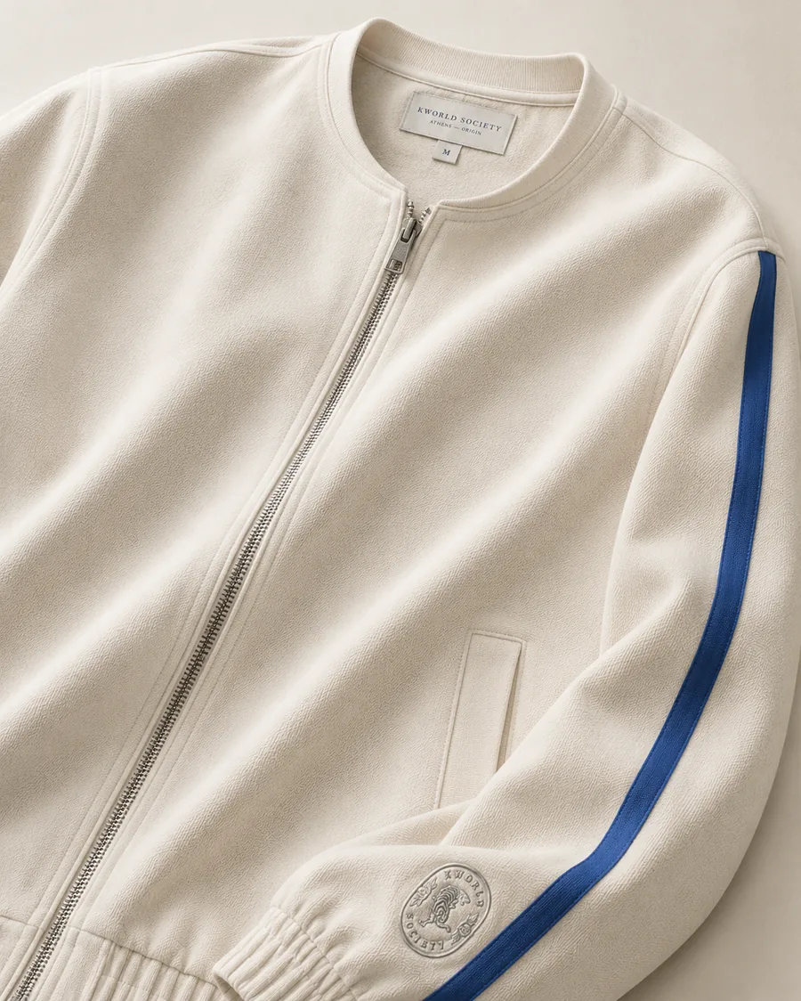 Bone zip bomber jacket with a blue stripe down the sleeve and tonal crest at the cuff