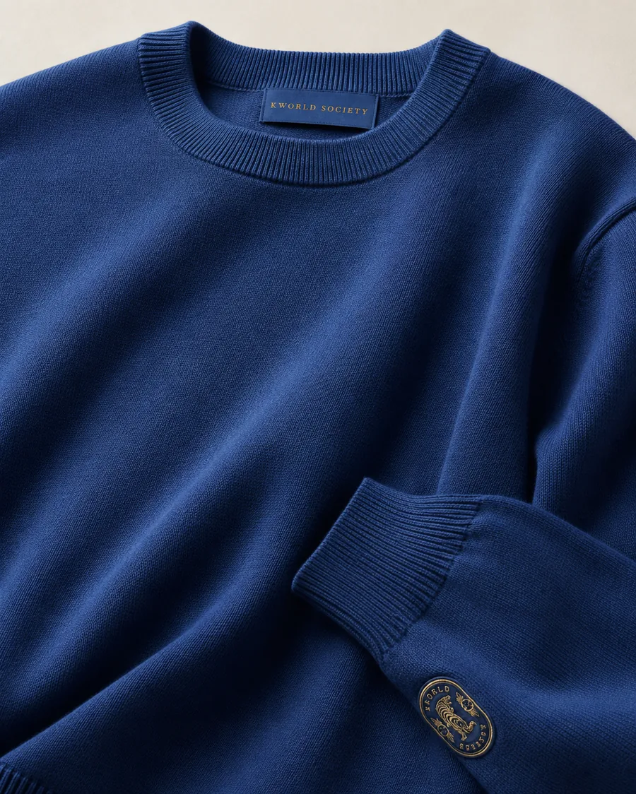 Navy crewneck knit with gold crest at the cuff
