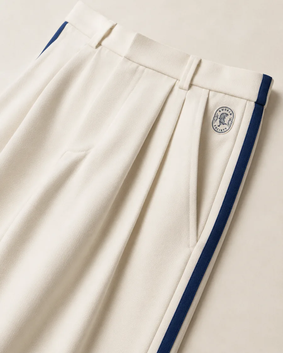 Bone pleated trousers with a navy side stripe and crest patch at the pocket