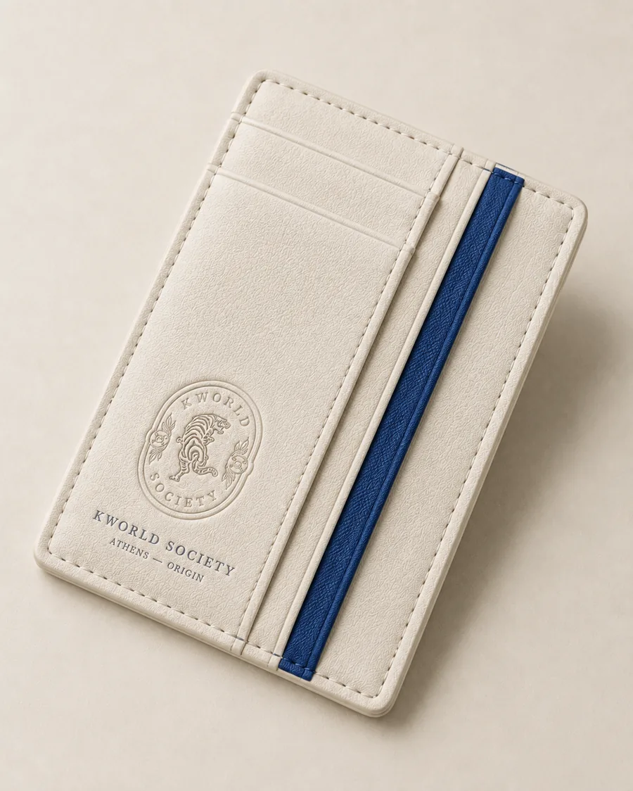 Bone leather cardholder with debossed crest and navy stripe