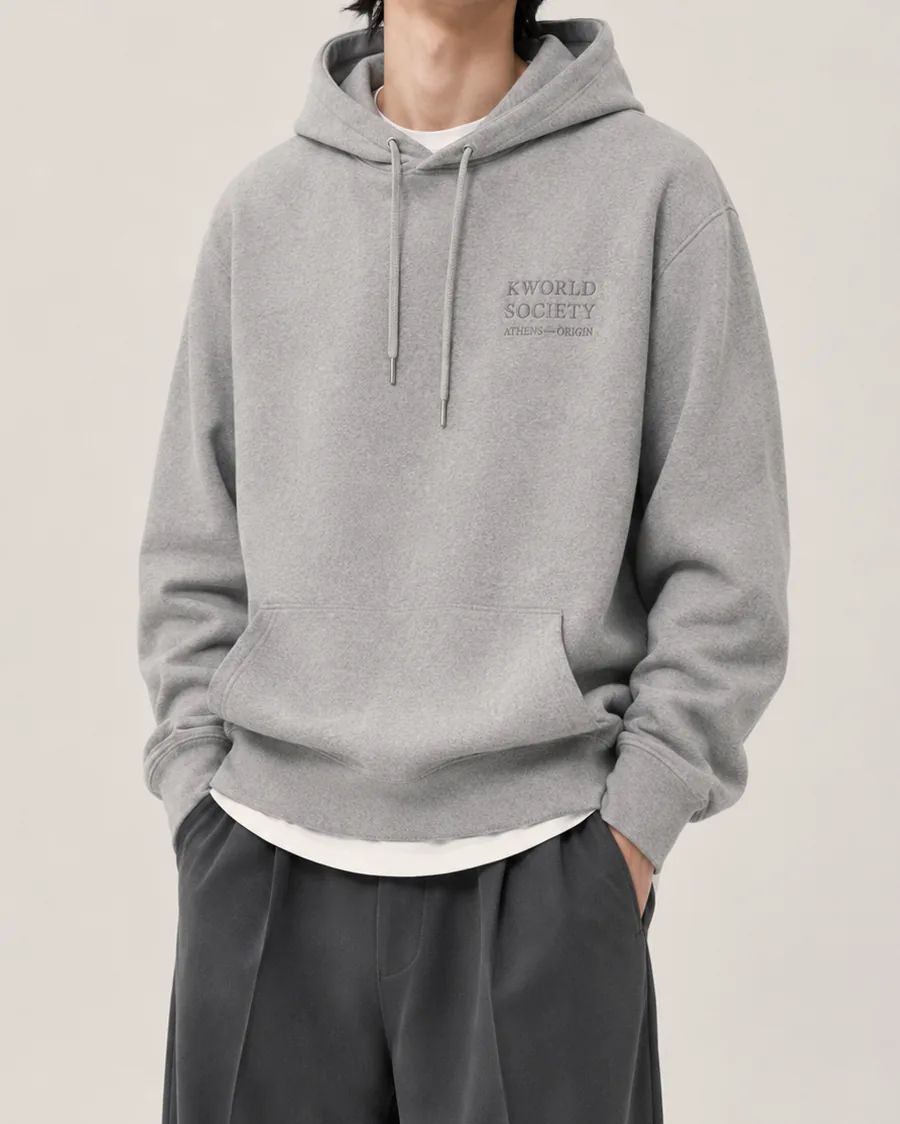 Pentelic Grey hooded sweatshirt with the wordmark embossed tonally at the chest
